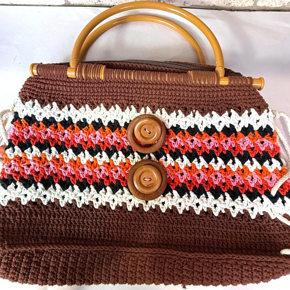 Vintage Handmade Crochet Handbag‎ Boho Hippie Purse Plastic Handles Retro